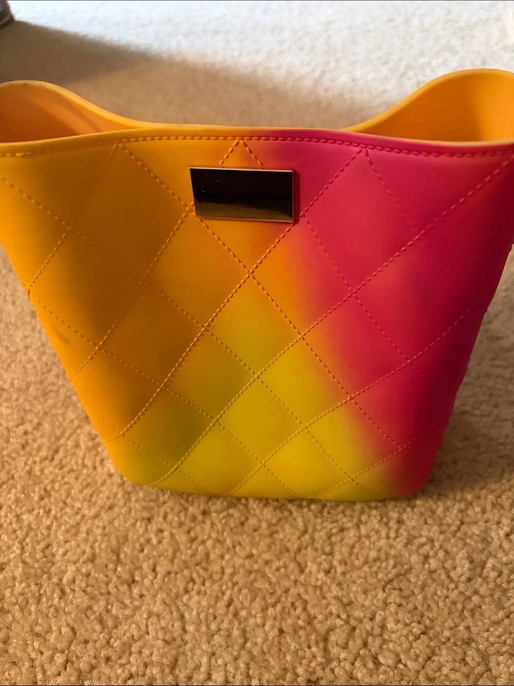 Vibrant Neon Yellow-Pink Quilted Jelly Bucket Bag With 2 Gold-Tone Chunky Straps